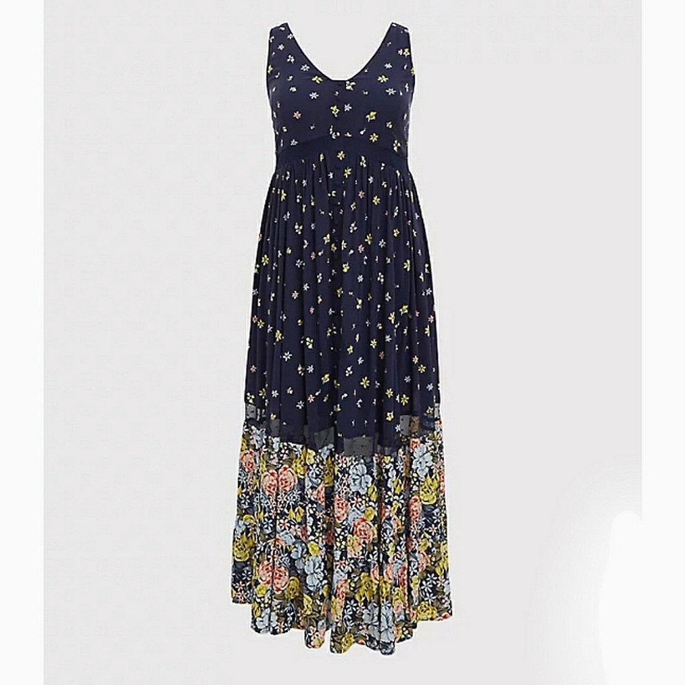 NEW Navy Mix Floral Challis Button Maxi Dress